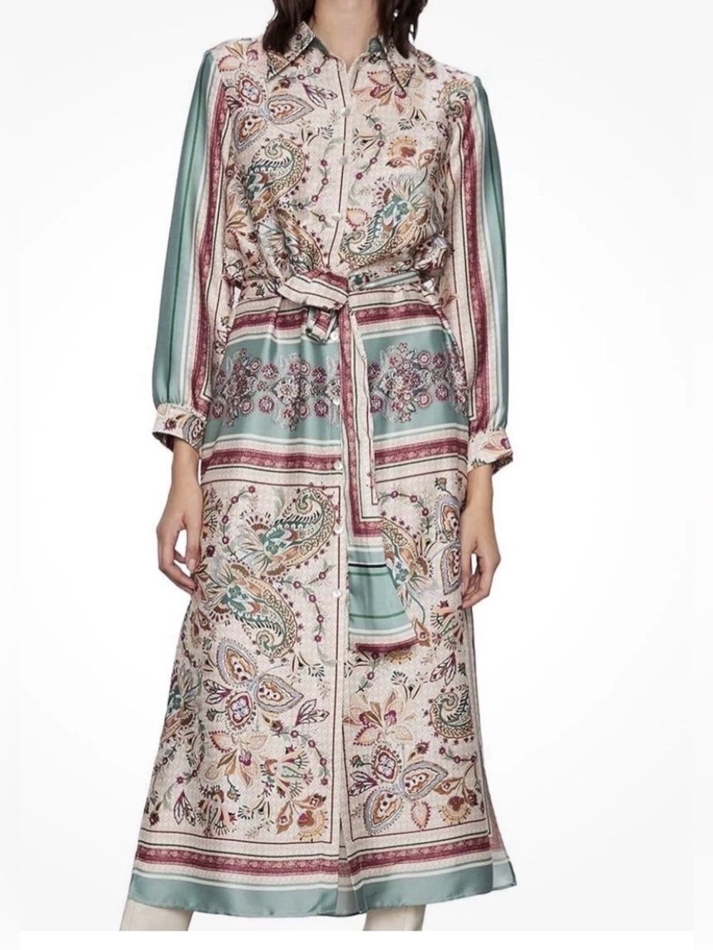 ZARA Floral Paisley Midi Satin Button Down Shirt Dress